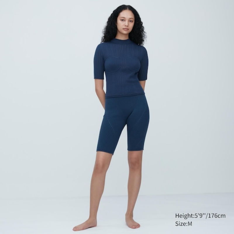 Uniqlo 3D Knit Mesh Half-Sleeve Trøjer Dame Blå | 3124-FXHSE