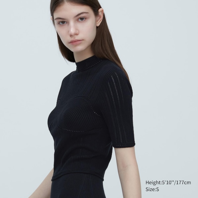 Uniqlo 3D Knit Mesh Half-Sleeve Trøjer Dame Sort | 2856-ULHTK