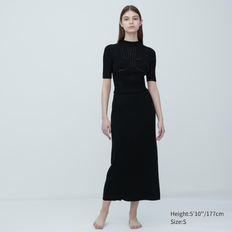 Uniqlo 3D Knit Mesh Half-Sleeve Trøjer Dame Sort | 2856-ULHTK