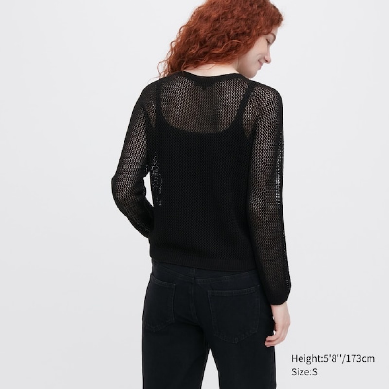 Uniqlo 3D Knit Mesh Long-Sleeve Crew Neck Trøjer Dame Sort | 6185-TIPKN