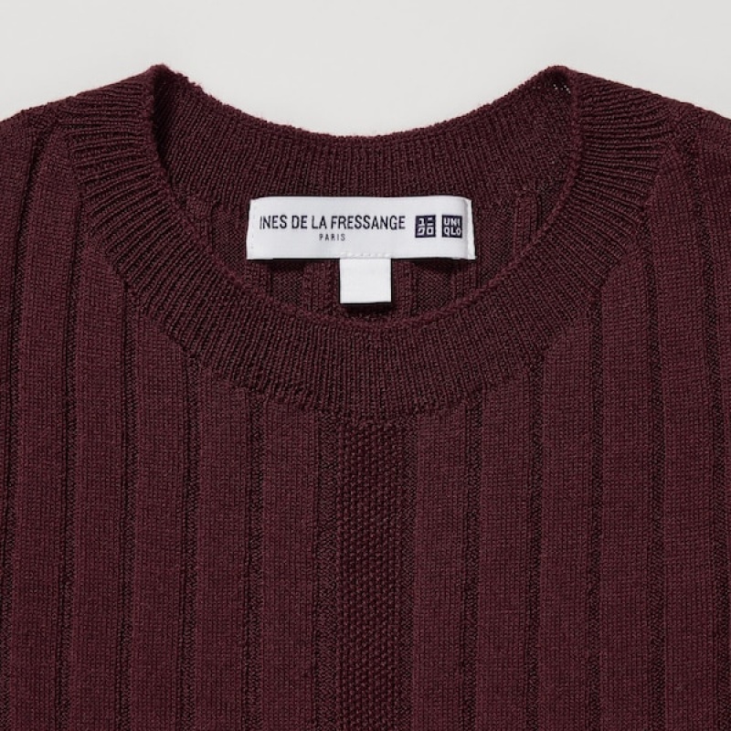 Uniqlo 3D Knit Ribbet Crew Neck Long-Sleeve Kjole Dame Bordeaux | 6389-MUXGH