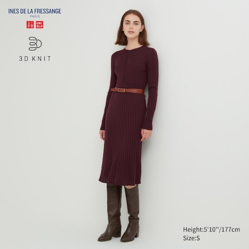 Uniqlo 3D Knit Ribbet Crew Neck Long-Sleeve Kjole Dame Bordeaux | 6389-MUXGH