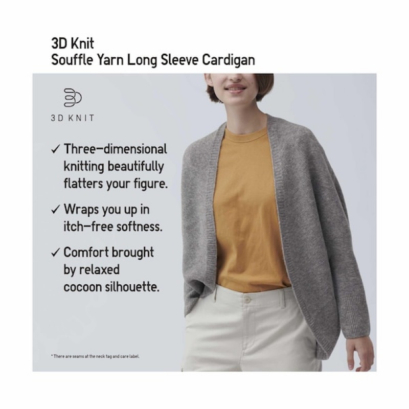 Uniqlo 3D Knit Souffle Yarn Long-Sleeve Cardigan Dame Grå | 7049-JFXDV