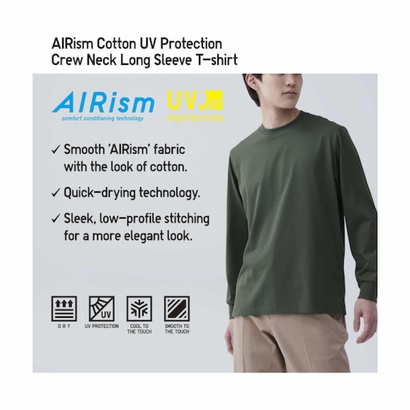 Uniqlo AIRism Bomulds UV Protection Crew Neck Long-Sleeve T Shirts Herre Grøn | 9750-HOBFV