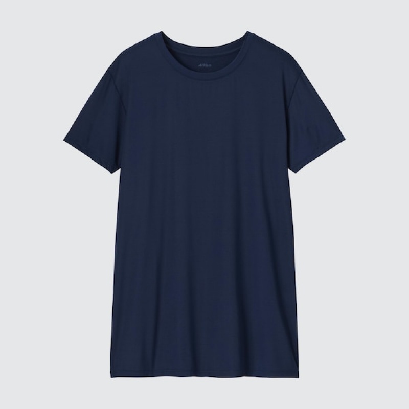 Uniqlo AIRism Crew Neck Kort-Sleeve T Shirts Herre Blå | 1328-RDHCB