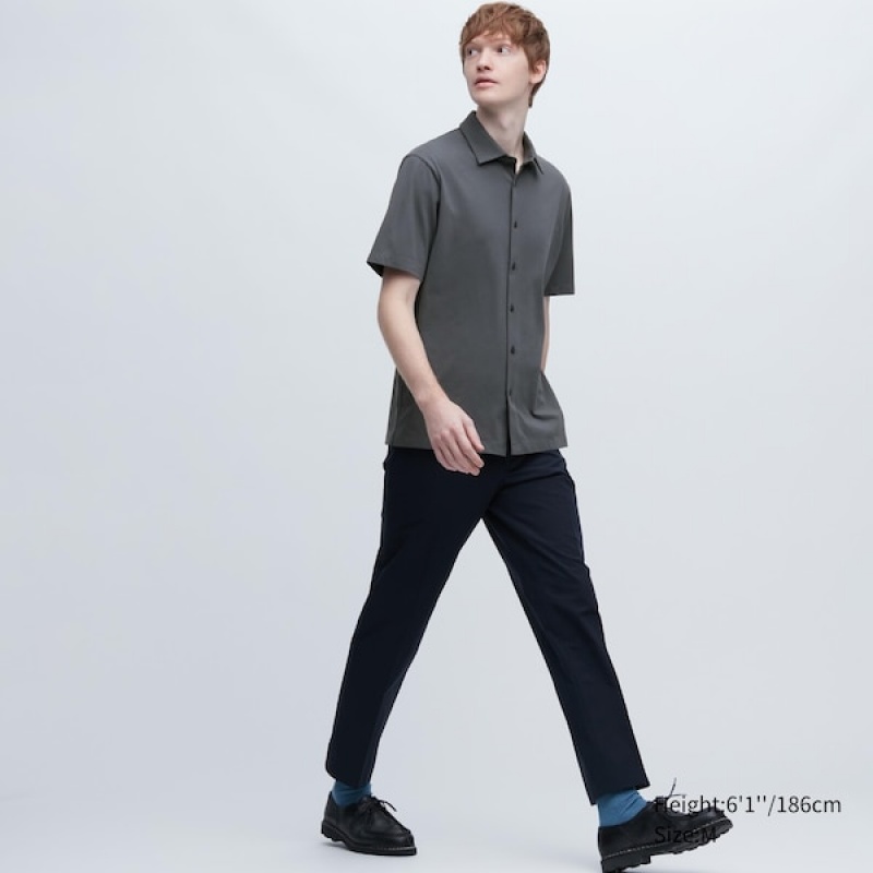 Uniqlo AIRism Full Open Kort-Sleeve Poloshirt Herre Grå | 4659-RSEHL