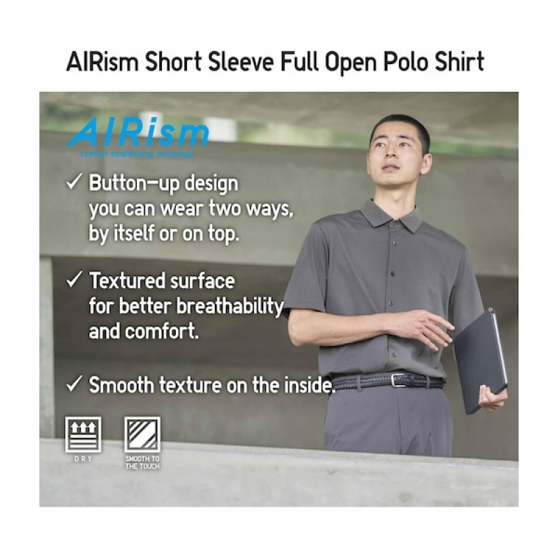 Uniqlo AIRism Full Open Kort-Sleeve Poloshirt Herre Grå | 4659-RSEHL