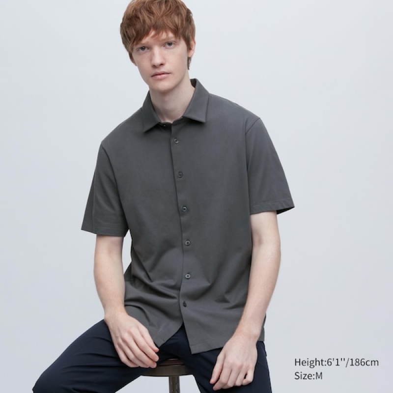 Uniqlo AIRism Full Open Kort-Sleeve Poloshirt Herre Grå | 4659-RSEHL