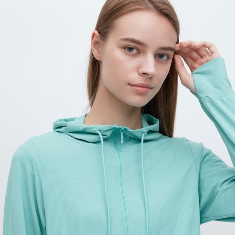 Uniqlo AIRism Mesh UV Protection Full-Zip Hættetrøje Dame Turkis | 2895-UDXIF