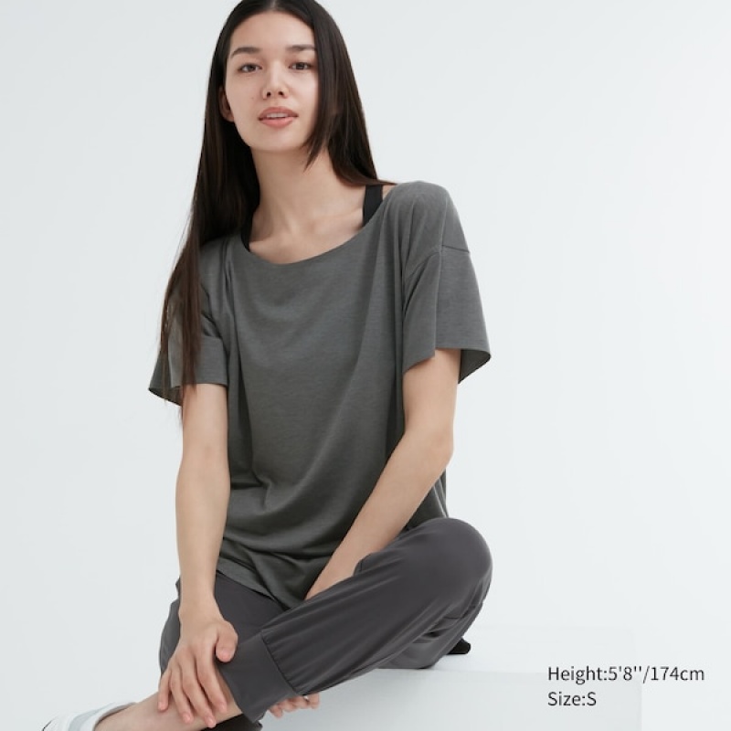 Uniqlo AIRism Seamless Båd Neck Kort-Sleeve Long T Shirts Dame Mørkegrå | 3214-DOQAW