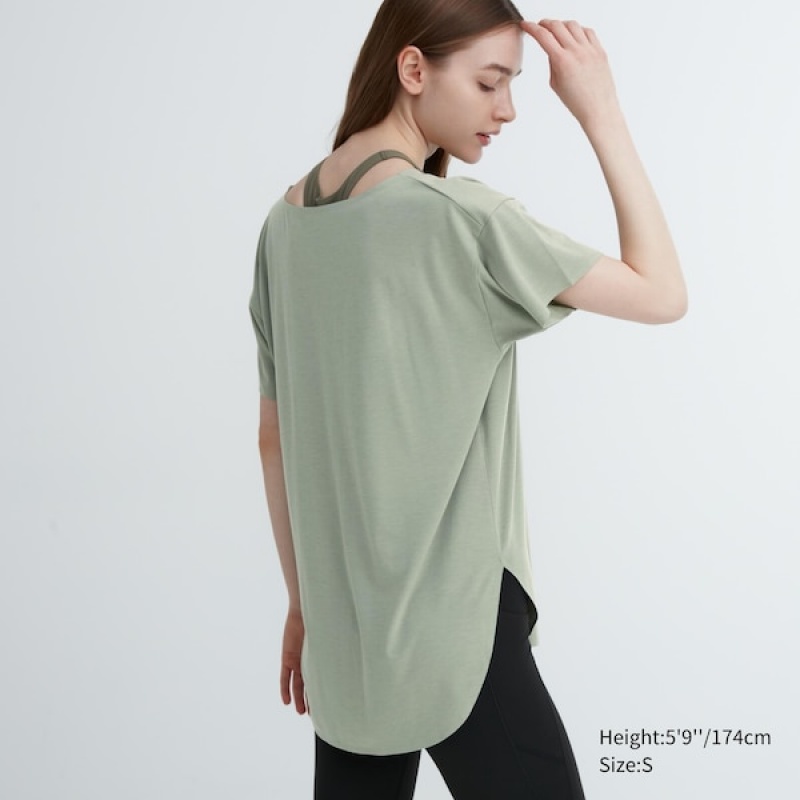 Uniqlo AIRism Seamless Båd Neck Kort-Sleeve Long T Shirts Dame Grøn | 6215-QWKXL