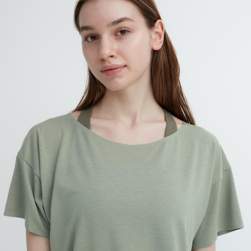 Uniqlo AIRism Seamless Båd Neck Kort-Sleeve Long T Shirts Dame Grøn | 6215-QWKXL