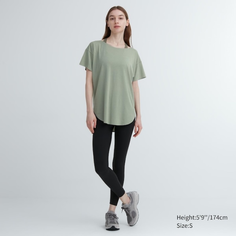 Uniqlo AIRism Seamless Båd Neck Kort-Sleeve Long T Shirts Dame Grøn | 6215-QWKXL