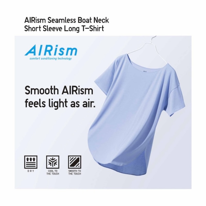 Uniqlo AIRism Seamless Båd Neck Kort-Sleeve Long T Shirts Dame Blå | 9860-XGBMJ