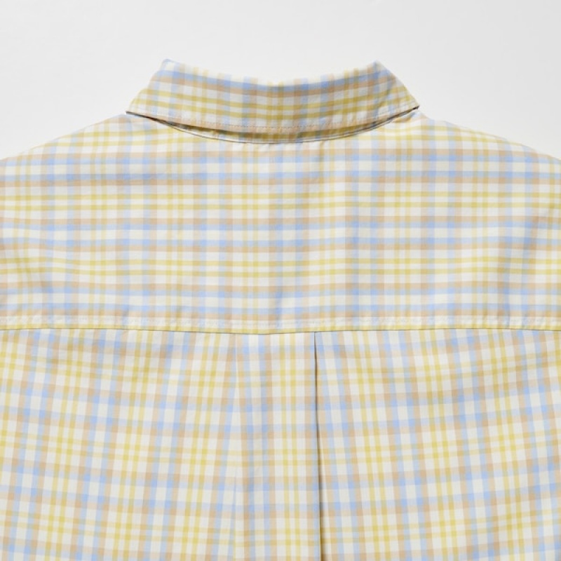 Uniqlo Bomulds Checked Kort-Sleeve Skjorte Dame Gul | 9851-ZPAXN