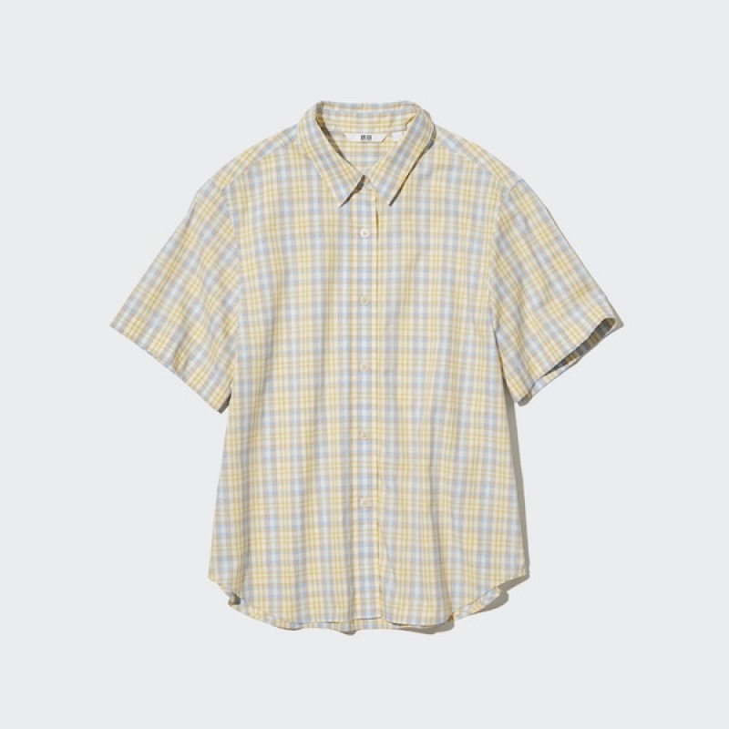 Uniqlo Bomulds Checked Kort-Sleeve Skjorte Dame Gul | 9851-ZPAXN