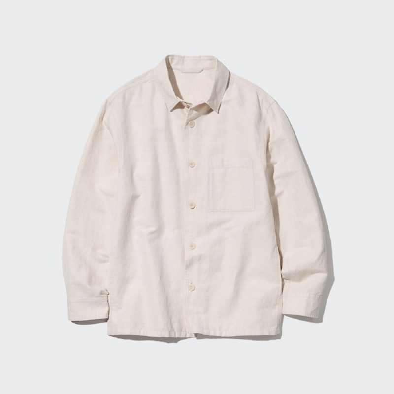 Uniqlo Bomulds Linen Over Shirt jackets Herre Hvide | DMCFHX-930