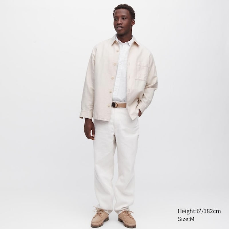 Uniqlo Bomulds Linen Over Shirt jackets Herre Hvide | DMCFHX-930