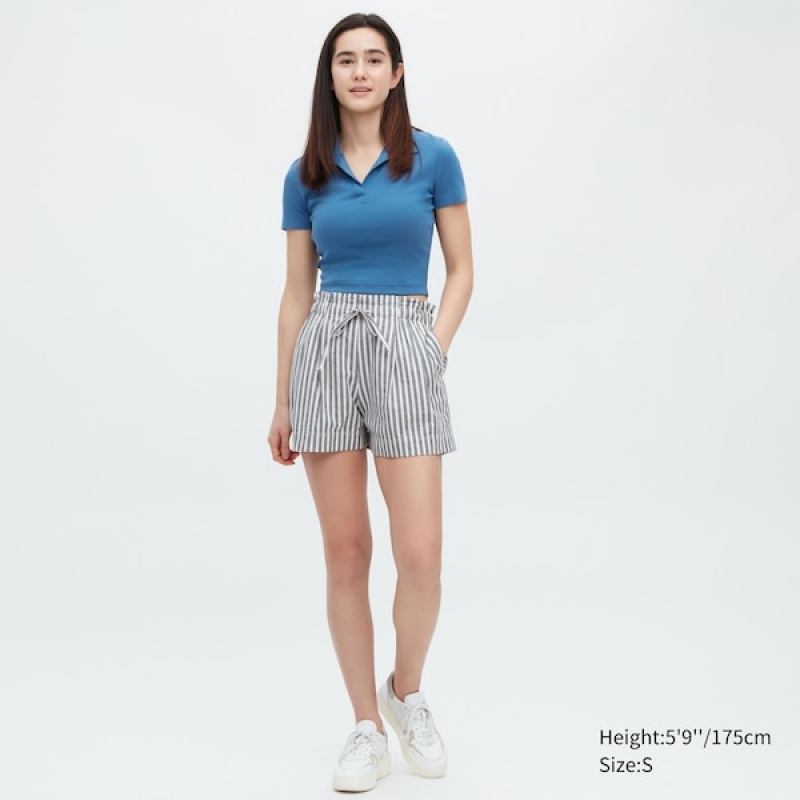 Uniqlo Bomulds Linen Stribet Shorts Dame Blå | 0514-FUMEY