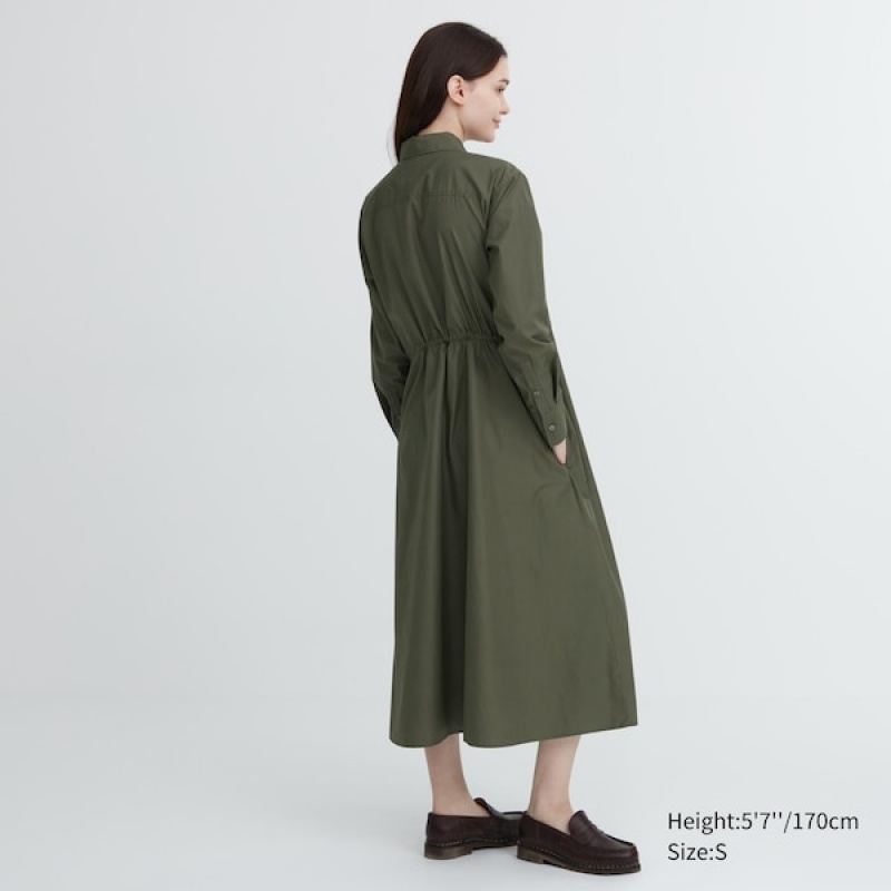 Uniqlo Bomulds Long-Sleeve Long Shirt Kjole Dame Mørkegrøn | 5064-TJBHV