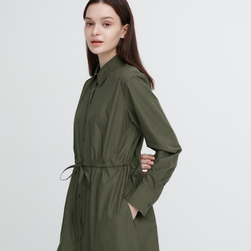 Uniqlo Bomulds Long-Sleeve Long Shirt Kjole Dame Mørkegrøn | 5064-TJBHV