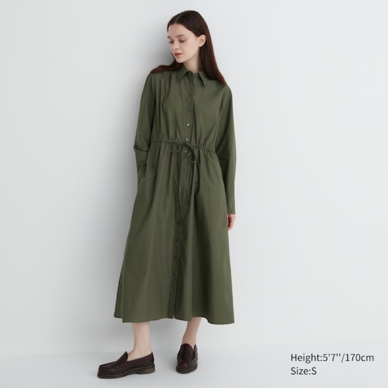 Uniqlo Bomulds Long-Sleeve Long Shirt Kjole Dame Mørkegrøn | 5064-TJBHV