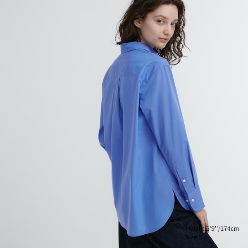 Uniqlo Bomulds Long-Sleeve Skjorte Dame Blå | 2071-LKUPZ