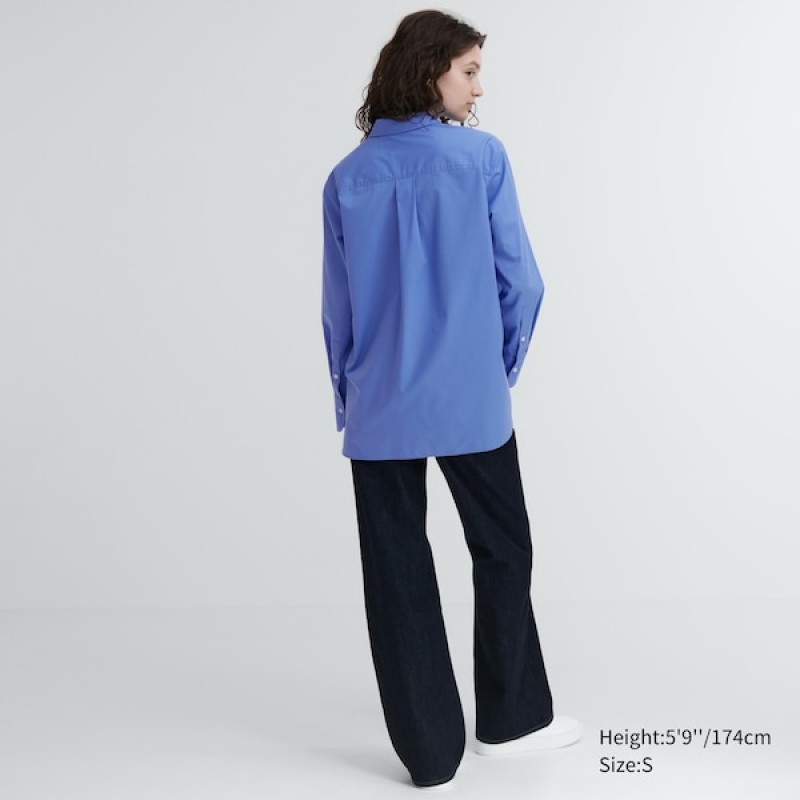 Uniqlo Bomulds Long-Sleeve Skjorte Dame Blå | 2071-LKUPZ