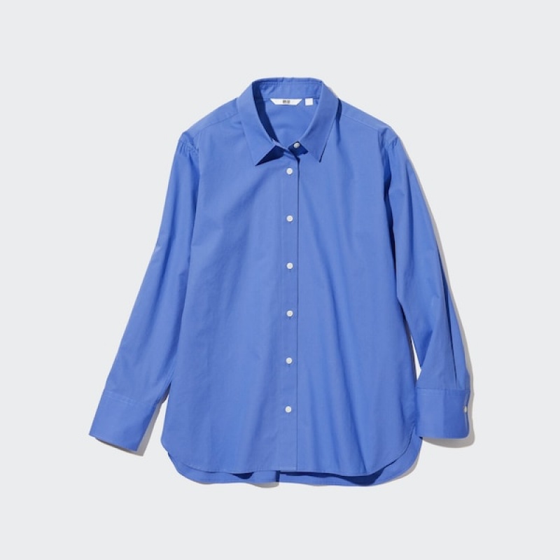 Uniqlo Bomulds Long-Sleeve Skjorte Dame Blå | 2071-LKUPZ