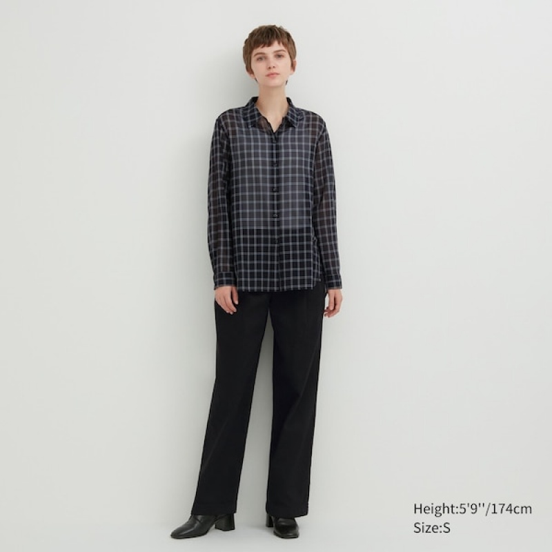 Uniqlo Bomulds Sheer Checked Long-Sleeve Skjorte Dame Sort | 0736-DTFAI