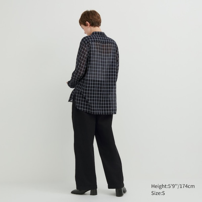 Uniqlo Bomulds Sheer Checked Long-Sleeve Skjorte Dame Sort | 0736-DTFAI