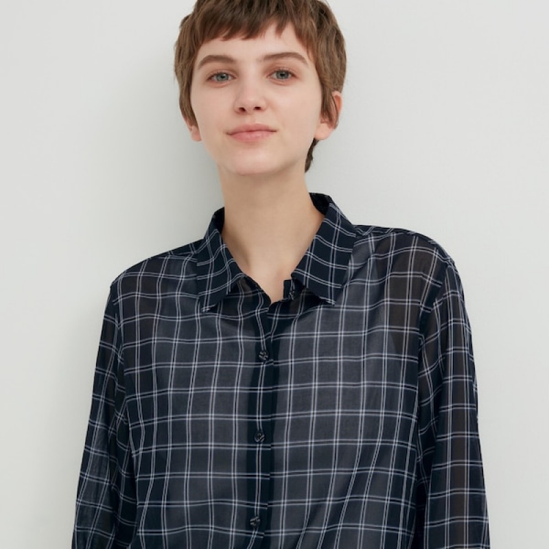 Uniqlo Bomulds Sheer Checked Long-Sleeve Skjorte Dame Sort | 0736-DTFAI