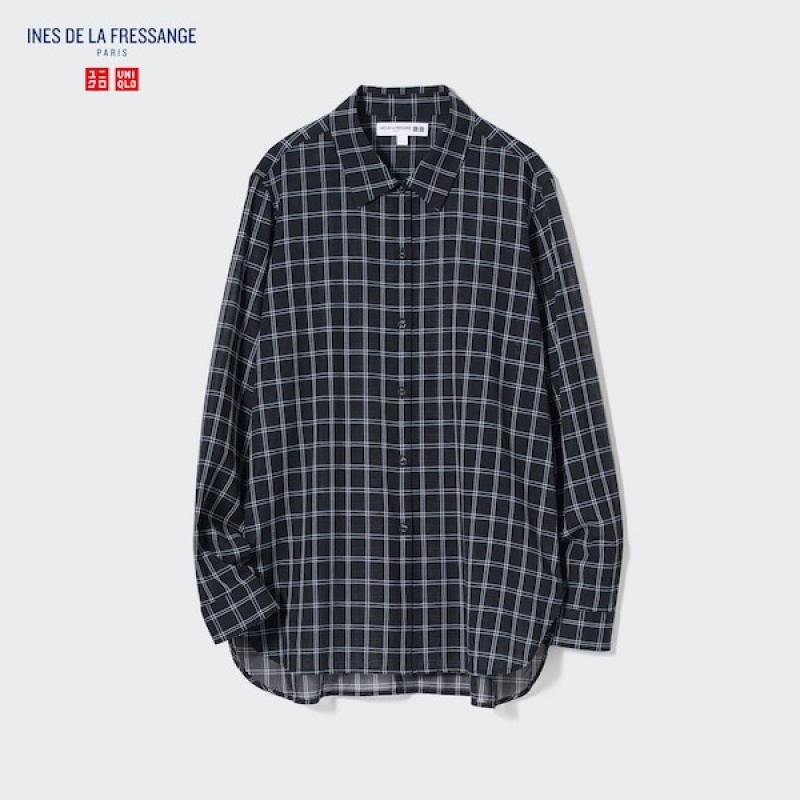 Uniqlo Bomulds Sheer Checked Long-Sleeve Skjorte Dame Sort | 0736-DTFAI