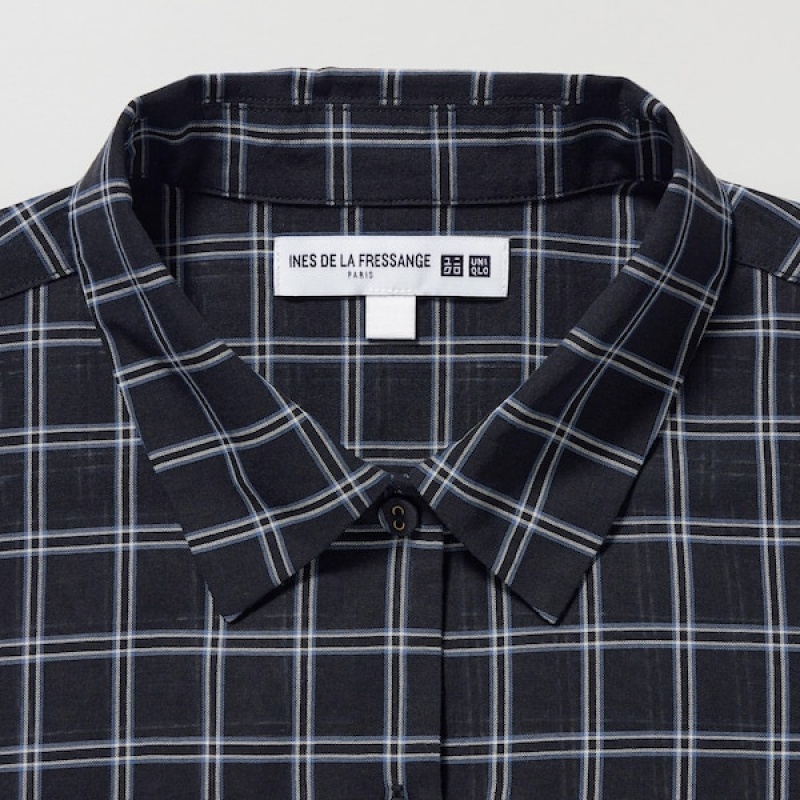 Uniqlo Bomulds Sheer Checked Long-Sleeve Skjorte Dame Sort | 0736-DTFAI