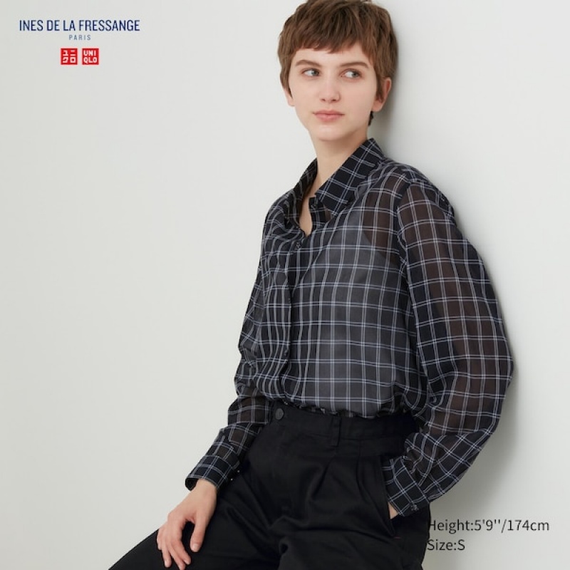 Uniqlo Bomulds Sheer Checked Long-Sleeve Skjorte Dame Sort | 0736-DTFAI