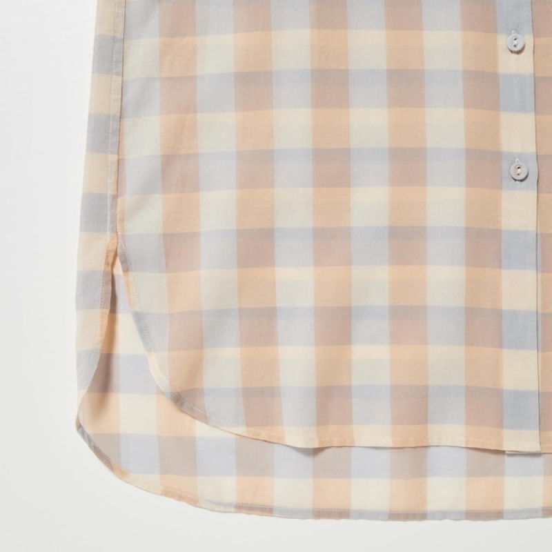 Uniqlo Bomulds Sheer Checked Long-Sleeve Skjorte Dame Beige | 9457-IYKCG