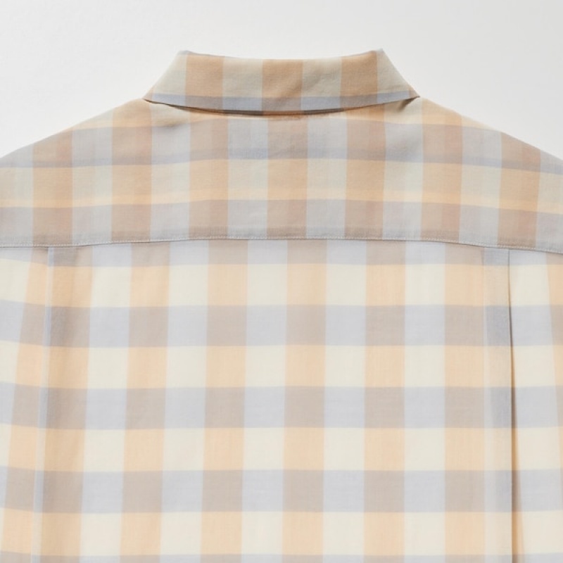 Uniqlo Bomulds Sheer Checked Long-Sleeve Skjorte Dame Beige | 9457-IYKCG