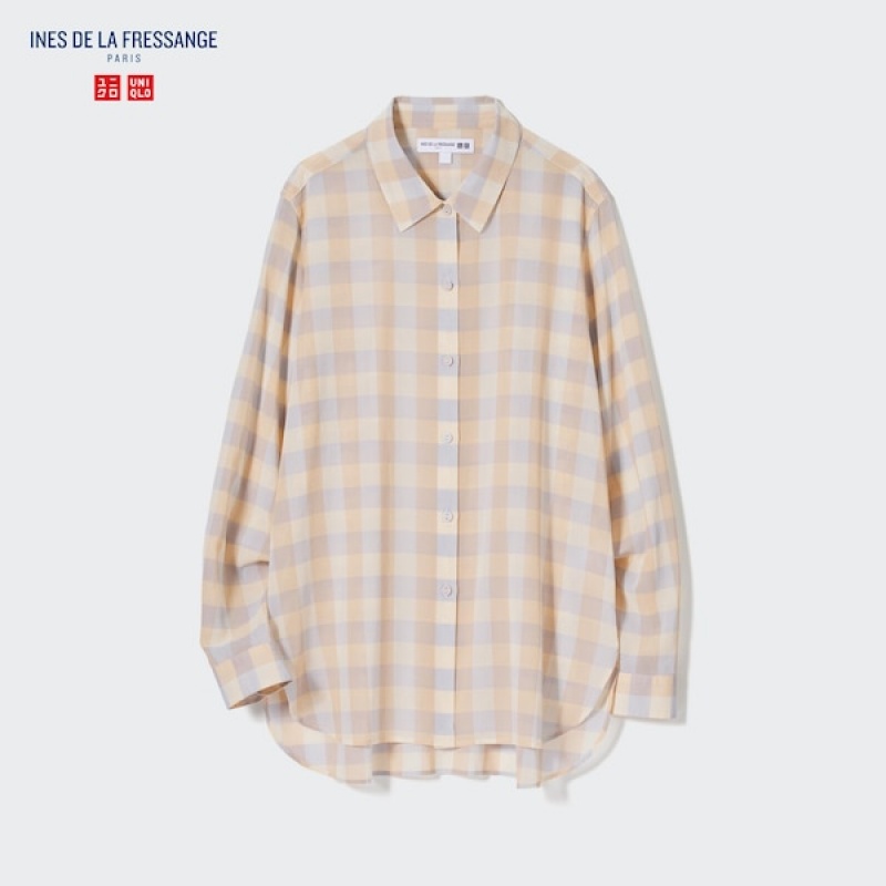 Uniqlo Bomulds Sheer Checked Long-Sleeve Skjorte Dame Beige | 9457-IYKCG