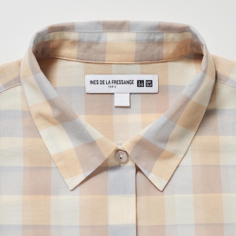 Uniqlo Bomulds Sheer Checked Long-Sleeve Skjorte Dame Beige | 9457-IYKCG