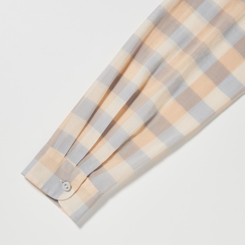 Uniqlo Bomulds Sheer Checked Long-Sleeve Skjorte Dame Beige | 9457-IYKCG