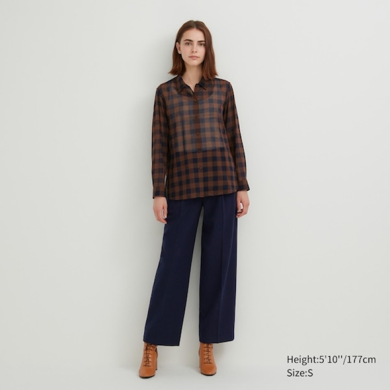 Uniqlo Bomulds Sheer Checked Long-Sleeve Skjorte Dame Mørkebrune | 3094-VDBTK