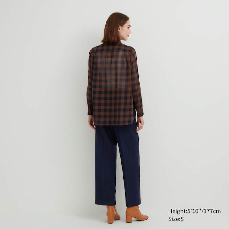 Uniqlo Bomulds Sheer Checked Long-Sleeve Skjorte Dame Mørkebrune | 3094-VDBTK