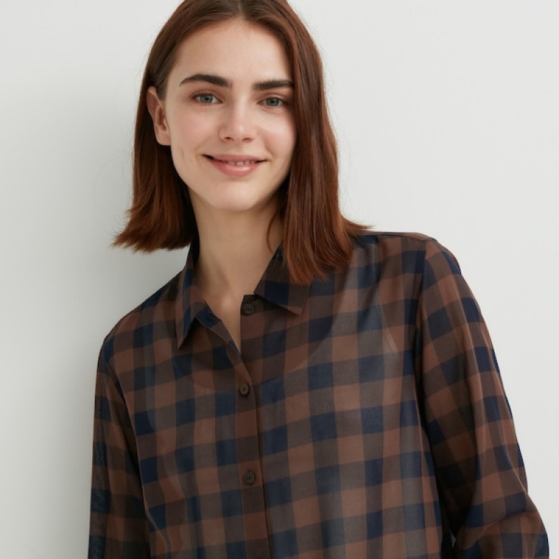 Uniqlo Bomulds Sheer Checked Long-Sleeve Skjorte Dame Mørkebrune | 3094-VDBTK