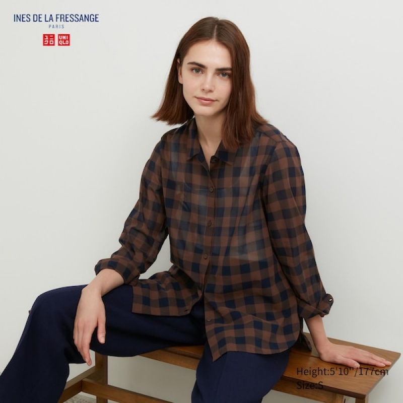 Uniqlo Bomulds Sheer Checked Long-Sleeve Skjorte Dame Mørkebrune | 3094-VDBTK