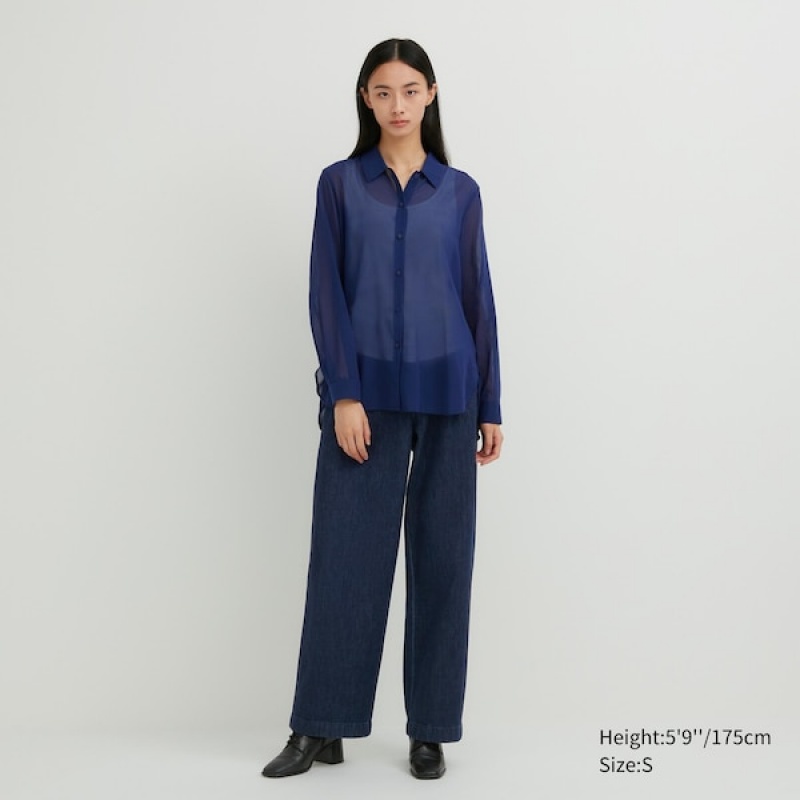 Uniqlo Bomulds Sheer Long-Sleeve Skjorte Dame Blå | 3415-CSZDK