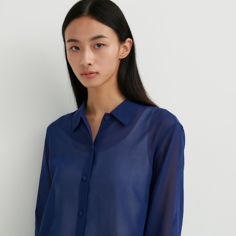 Uniqlo Bomulds Sheer Long-Sleeve Skjorte Dame Blå | 3415-CSZDK