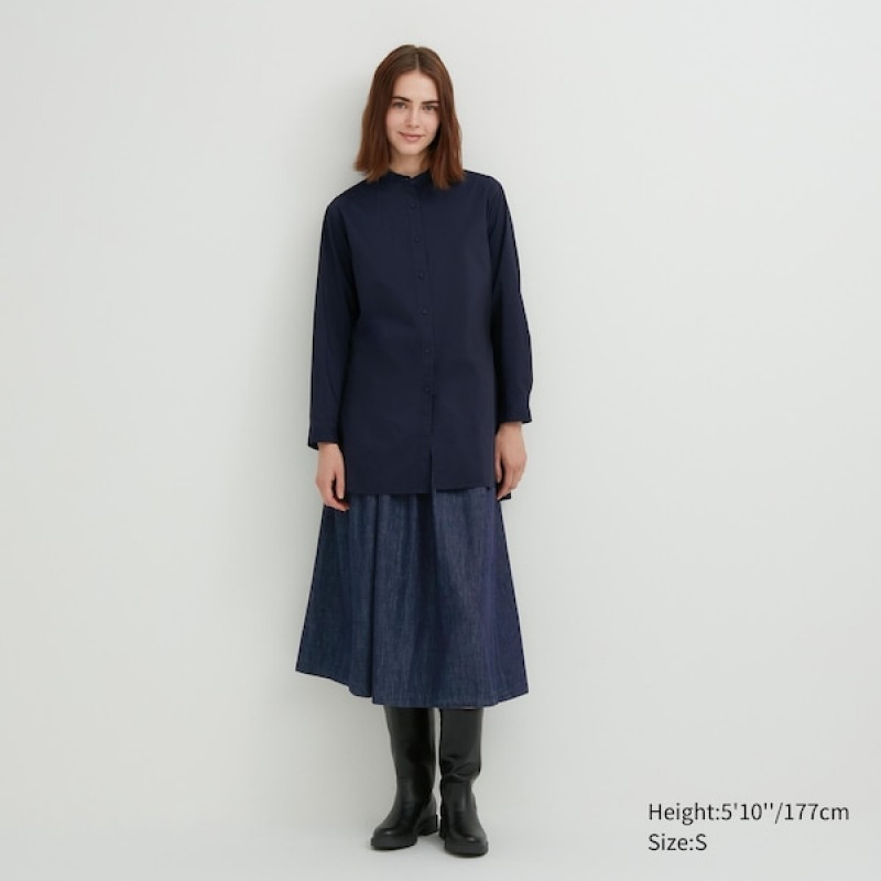 Uniqlo Bomulds Silk Long-Sleeve Tunic Skjorte Dame Mørkeblå | 3508-ZWQLE