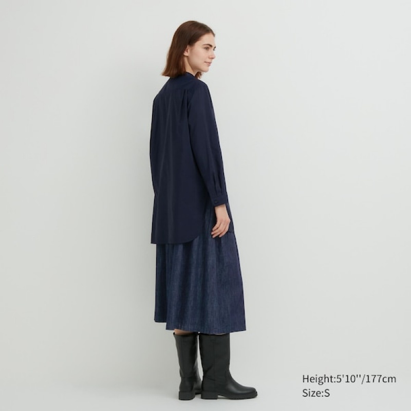 Uniqlo Bomulds Silk Long-Sleeve Tunic Skjorte Dame Mørkeblå | 3508-ZWQLE