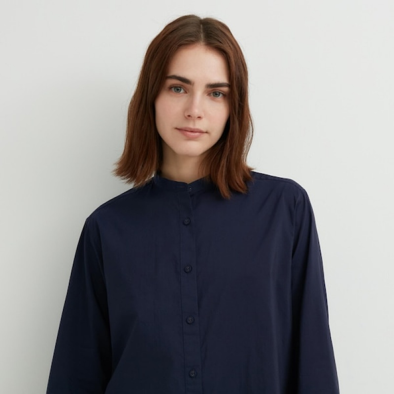 Uniqlo Bomulds Silk Long-Sleeve Tunic Skjorte Dame Mørkeblå | 3508-ZWQLE