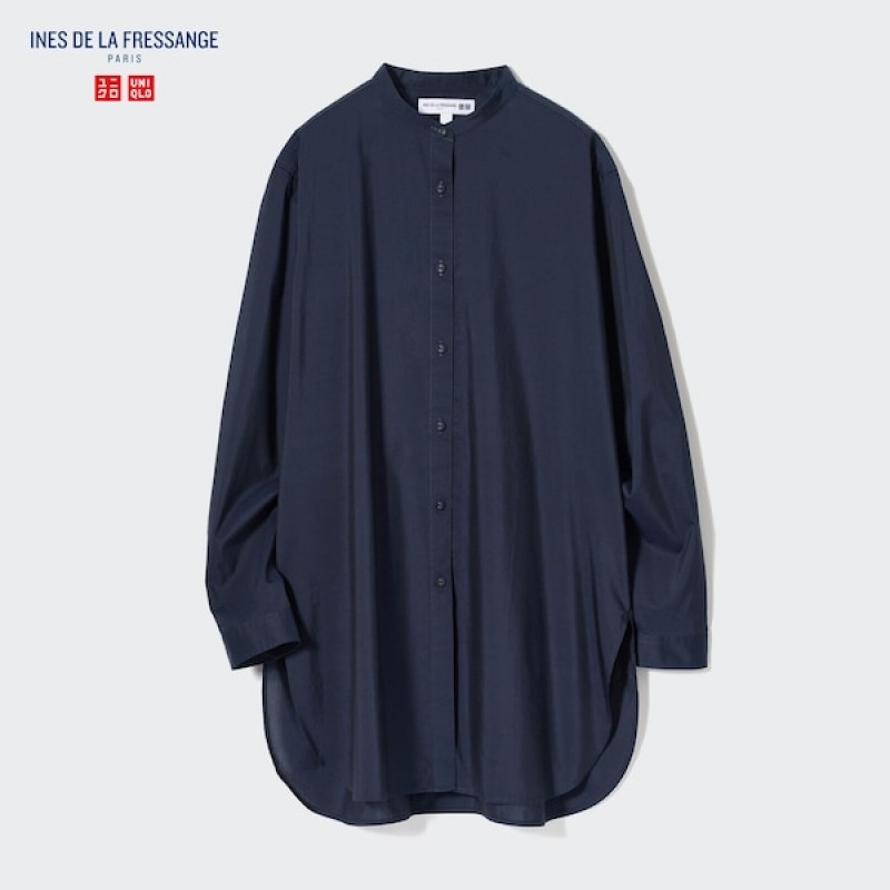 Uniqlo Bomulds Silk Long-Sleeve Tunic Skjorte Dame Mørkeblå | 3508-ZWQLE